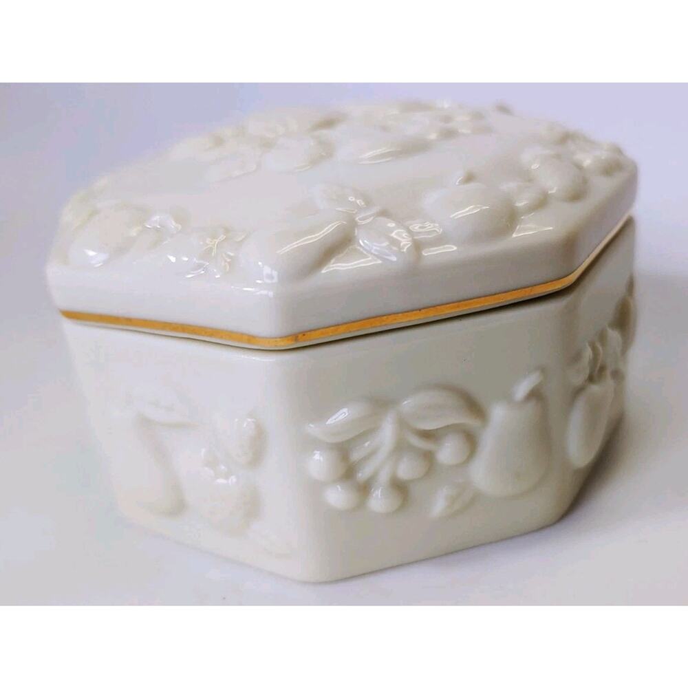 1998 LENOX Porcelain TRINKET BOX Hexagon Jewelry Box FRUITS OF LIFE 3"-Pre Owned